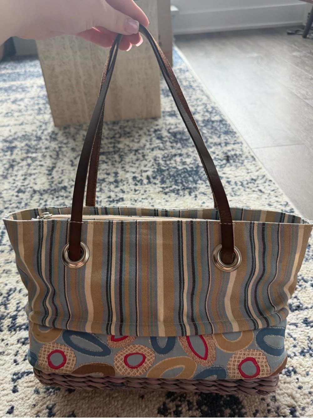 Italian Y2K Striped Canvas Bag with leather  Handles